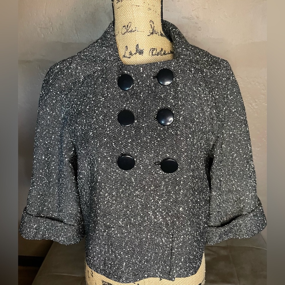Sandro Black Gray and White Cropped Tweed Pea Coat Size Small PTP 20”